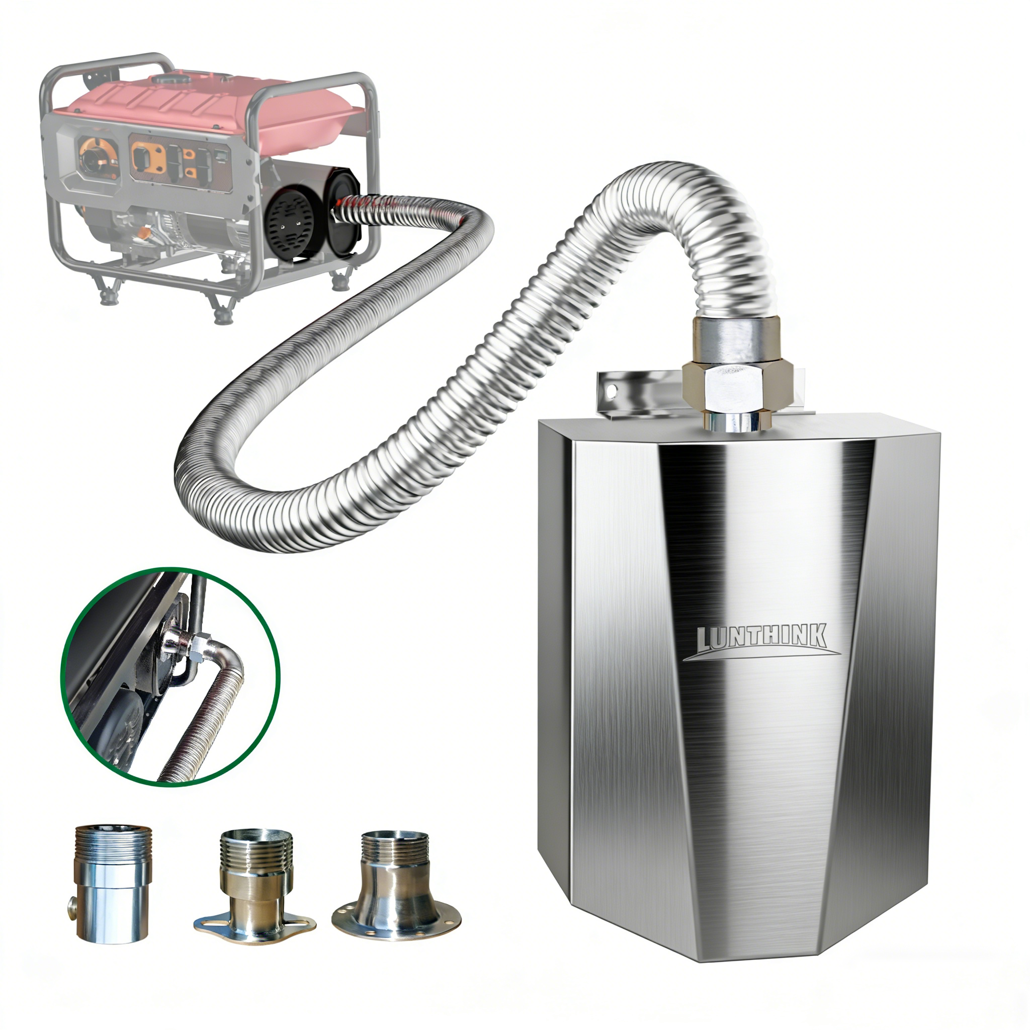 Generator muffler, generator exhaust connection, generator exhaust