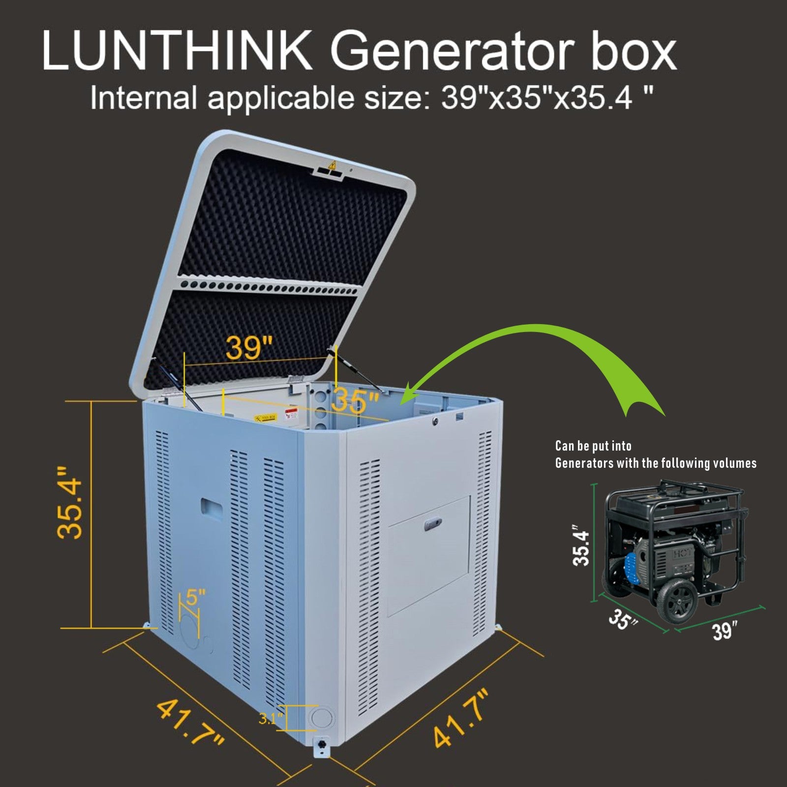 Generator Box, Generator Quiet Box Interior Space: 39.4" x 35" x 35.5", with Ventilation, Heat Dissipation and Impact Resistance - Patented Design