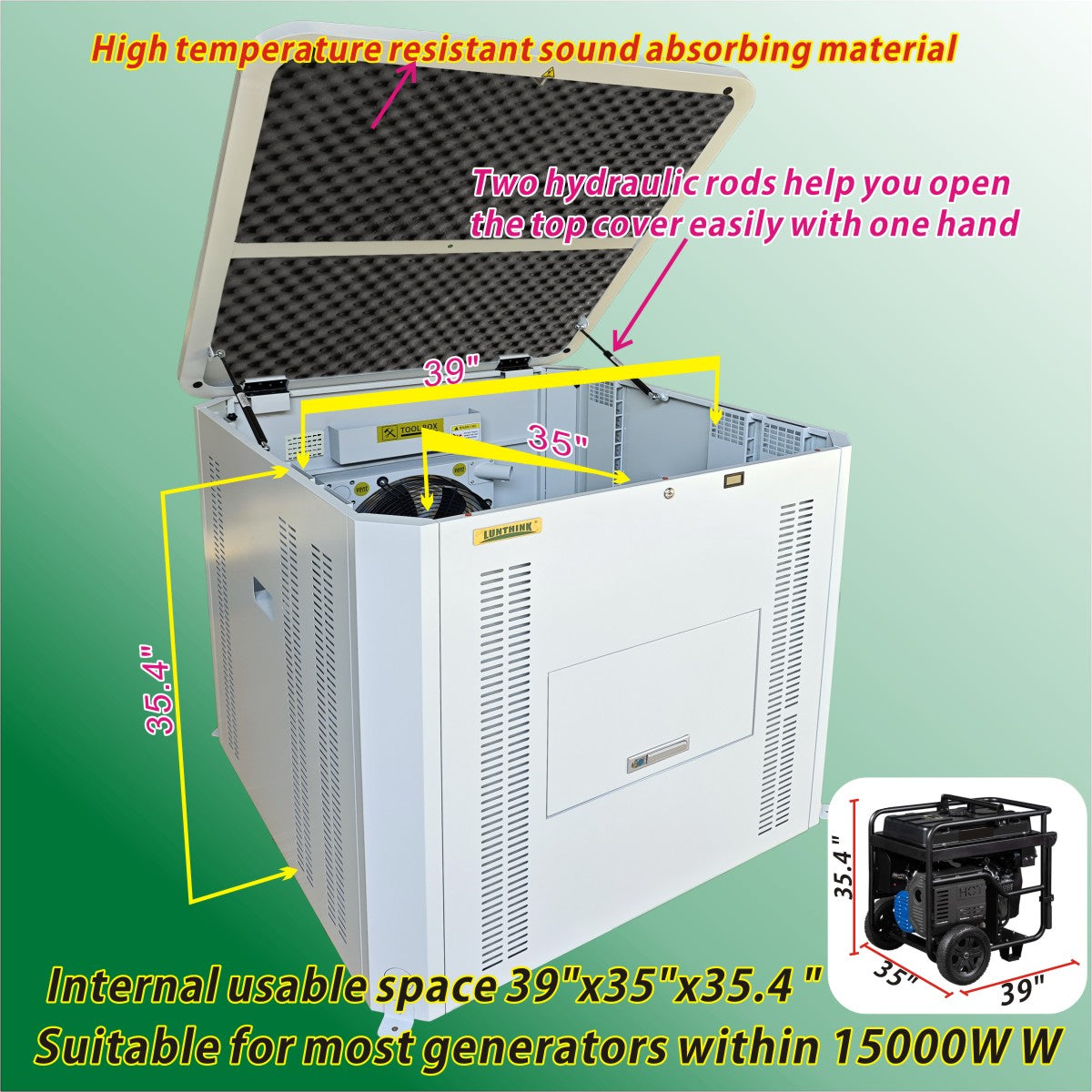 Generator Box, Generator Quiet Box Interior Space: 39.4" x 35" x 35.5", with Ventilation, Heat Dissipation and Impact Resistance - Patented Design